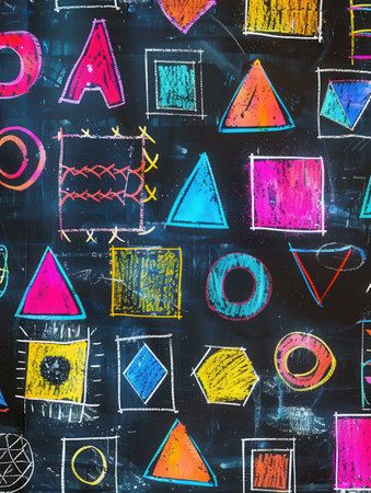A blackboard displays vibrant geometric shapes and patterns, showing creativity in a classroom environment.の素材