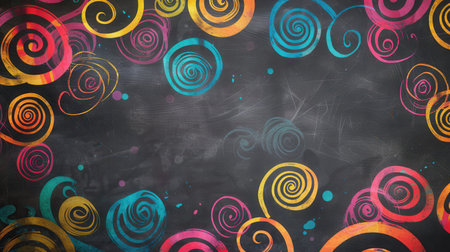 A chalkboard filled with vibrant spirals and abstract shapes, showing children's creativity during an art activity in a lively environment.の素材