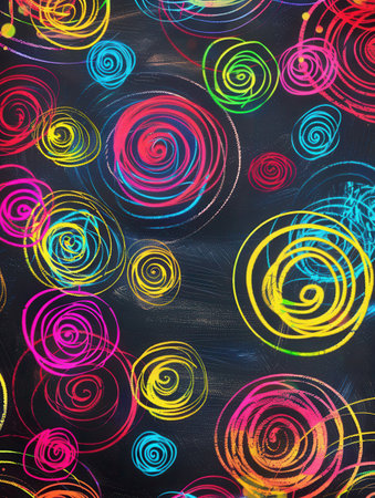 A chalkboard displays vibrant spirals and abstract shapes in various colors, showing creativity and artistic expression in a playful environment.の素材
