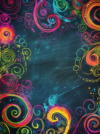 A chalkboard is filled with vibrant spirals and abstract shapes, showcasing artistic expression during a classroom activity focused on creativity.の素材