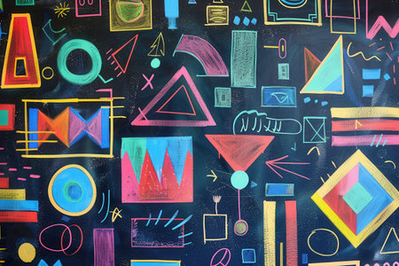 A blackboard is adorned with colorful geometric shapes and patterns, showcasing creativity during an art session in a classroom environment.の素材
