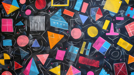 A vibrant blackboard displays an array of geometric shapes and patterns in various colors, created during an engaging educational activity.の素材