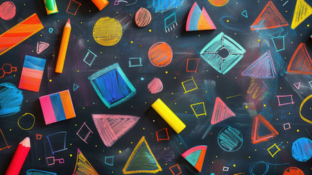 A vibrant blackboard is filled with diverse geometric shapes and patterns, showing creativity in an engaging art class setting.の素材