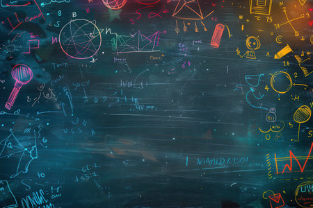 A chalkboard displays vibrant spirals and abstract shapes, showing artistic exploration in a creative environment.の素材