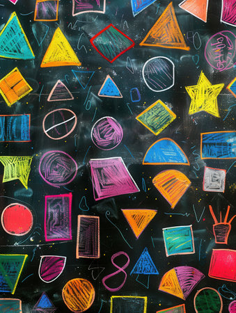 A blackboard displays an array of colorful geometric shapes and patterns created with vibrant chalk, showcasing creativity in a learning environment.の素材