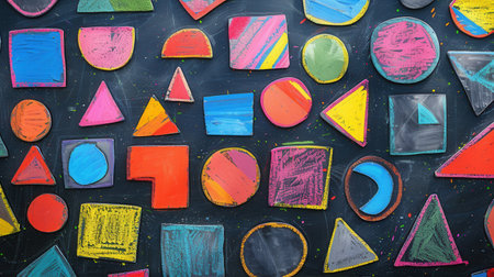 A blackboard displays a vibrant array of geometric shapes and patterns created with chalk, showcasing creativity during a classroom art session.の素材