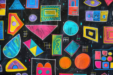 A blackboard features vibrant geometric shapes and patterns, showing creativity in an engaging educational environment.の素材