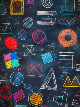 A blackboard filled with vibrant geometric shapes and patterns created during an engaging art activity in a classroom setting.の素材
