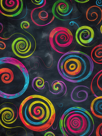 A chalkboard is filled with vibrant spirals and abstract shapes, showcasing a playful, artistic expression in a learning environment.の素材
