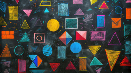 A blackboard features a vibrant array of geometric shapes and patterns created with colored chalk, showing creativity and learning in a classroom environment.の素材