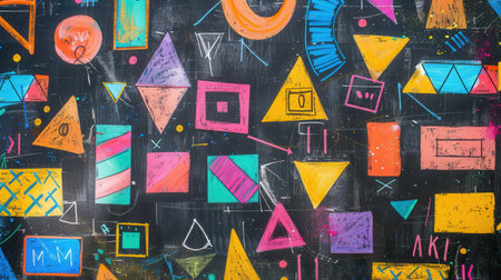 A blackboard displays vibrant geometric shapes and patterns, showing creativity and artistic expression during an educational activity.の素材