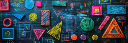 A blackboard displays an array of vibrant geometric shapes and patterns created with chalk during an engaging classroom activity.の素材
