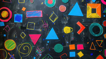 A blackboard features an array of colorful geometric shapes and patterns, showcasing creativity during an art class filled with vibrant designs.の素材