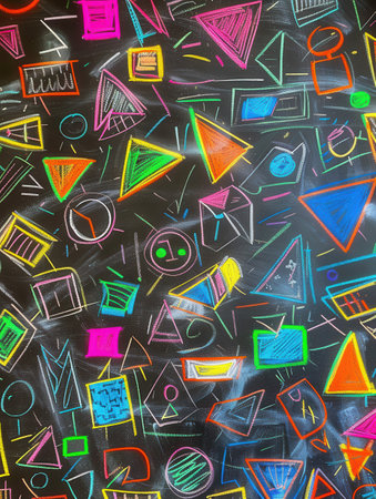 A blackboard displays vibrant geometric shapes and patterns created during a hands-on arts and crafts activity.の素材