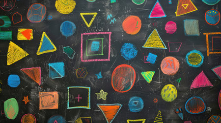 A blackboard displays vibrant geometric shapes and patterns created with colorful chalk during an art session in a classroom.の素材