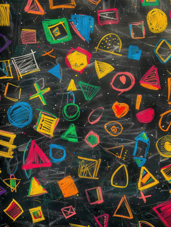 A blackboard filled with vibrant geometric shapes and patterns in various colors, showing creativity and artistic expression in an educational space.の素材