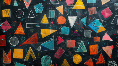 A blackboard is filled with vibrant geometric shapes and patterns, showcasing creativity in a lively classroom atmosphere.の素材