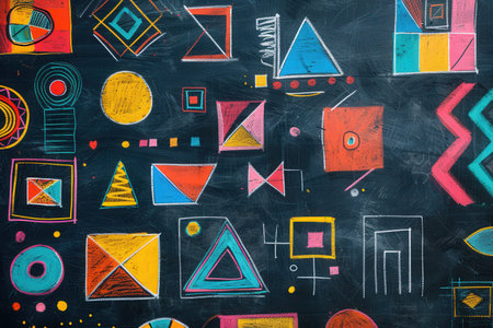 The blackboard displays vibrant geometric shapes and patterns, showcasing a creative art session in a classroom setting.の素材