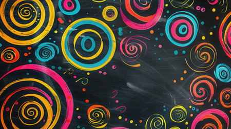 A chalkboard displays vibrant spirals and abstract shapes created during a community art workshop, showcasing creativity and artistic expression.の素材