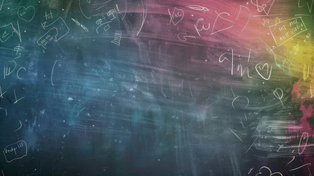 Chalkboard adorned with vibrant spirals and abstract shapes created by students during a creative art session in the classroom.の素材