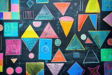 A blackboard features a vibrant display of geometric shapes and patterns created with colorful chalk during an engaging art session.の素材