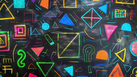 A classroom blackboard displays vibrant geometric shapes and patterns drawn with colorful chalk by students during an interactive art session.の素材