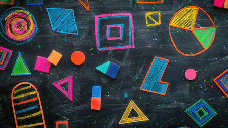 A blackboard showcases vibrant geometric shapes and patterns, highlighting creativity in an educational environment during the daytime.の素材