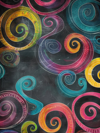 A chalkboard showcases vibrant spirals and abstract shapes, reflecting creativity and imagination from a recent art class activity.の素材