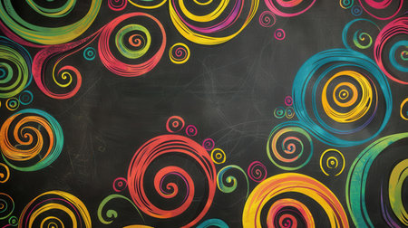 A chalkboard displays vibrant spirals and abstract shapes, showcasing creativity in a lively educational environment filled with artistic expression.の素材