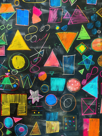 A blackboard displays various colorful geometric shapes and patterns created with chalk during an engaging art session.の素材