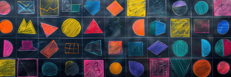 Colorful geometric shapes and patterns are creatively drawn on a blackboard, showcasing artistic exploration and engagement in a classroom setting.の素材
