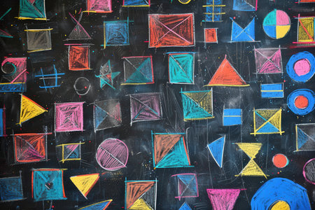 A blackboard displays vibrant geometric shapes and patterns, showcasing creativity in a classroom environment filled with artistic expression.の素材