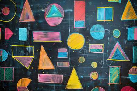 A blackboard is filled with vibrant geometric shapes and patterns, showing creativity and artistic expression in a classroom environment.の素材