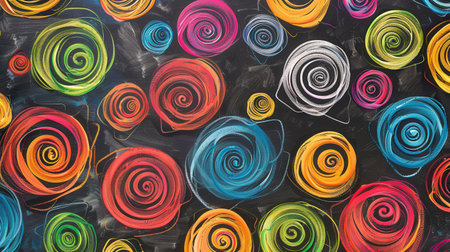 A chalkboard features a lively assortment of colorful spirals and abstract shapes, showing creativity and artistic expression in a dynamic environment.の素材