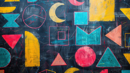 Vibrant geometric shapes and patterns are drawn on a blackboard in a classroom, showing creativity and artistic expression.の素材