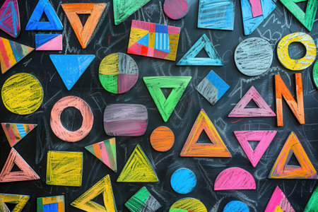 Colorful geometric shapes and patterns fill a blackboard, creating an engaging atmosphere for students to explore creativity and design concepts.の素材