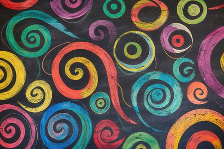 Chalkboard filled with vibrant spirals and abstract shapes showcases creativity during an art session, inviting playful exploration and imagination.の素材