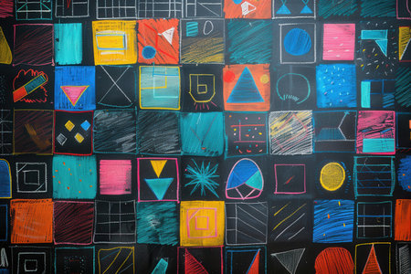 Colorful geometric shapes and patterns fill a blackboard, showing students' creativity and engagement in a vibrant educational activity.の素材