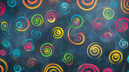 Vibrant chalk swirls and abstract shapes fill a classroom chalkboard, showing creativity and artistic expression during an engaging educational activity.の素材