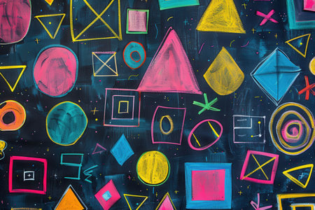 A blackboard features vibrant geometric shapes and patterns created with chalk, showing artistic expression in a creative learning environment.の素材
