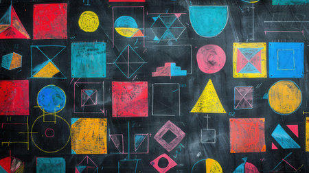 A blackboard filled with vibrant geometric shapes and patterns created during an engaging classroom activity focused on art and design principles.の素材