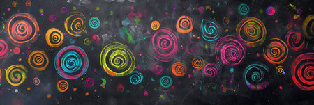 A vibrant chalkboard displays an array of colorful spirals and abstract shapes created with chalk, inspiring creativity and artistic expression in the classroom.の素材