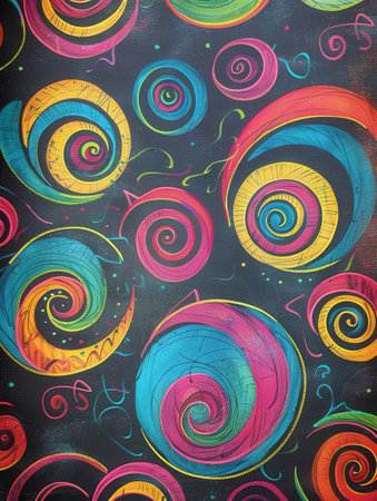 A chalkboard filled with vibrant spirals and abstract shapes showcases artistic creativity in an engaging learning environment.の素材
