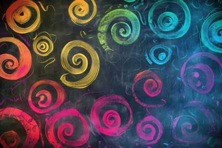 A chalkboard showcases an array of colorful spirals and abstract shapes created during an artistic classroom activity.の素材