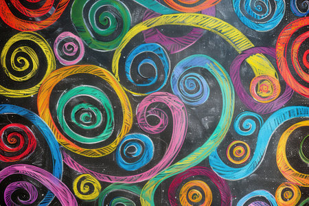 The chalkboard displays vibrant spirals and abstract shapes, showcasing students' creativity during an art activity in a lively classroom.の素材