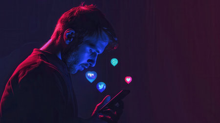 A man interacts with his smartphone, surrounded by floating social media icons representing digital communication and engagement.の素材