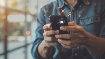 A man is actively using his smartphone in a cafの素材