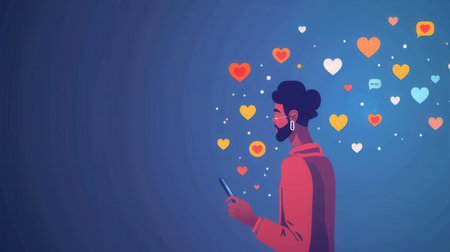 A man stands using his smartphone surrounded by floating heart and message icons, illustrating the impact of social media interaction in modern communication.の素材