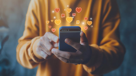 A man interacts with his smartphone, surrounded by floating icons representing likes and engagement on social media.の素材