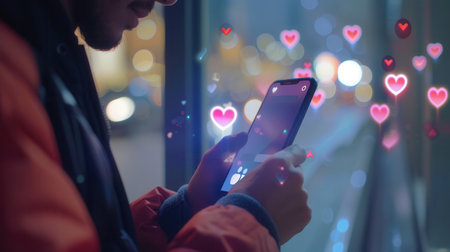 A man focuses on his smartphone, interacting with social media while illuminated by colorful city lights and floating like icons.の素材